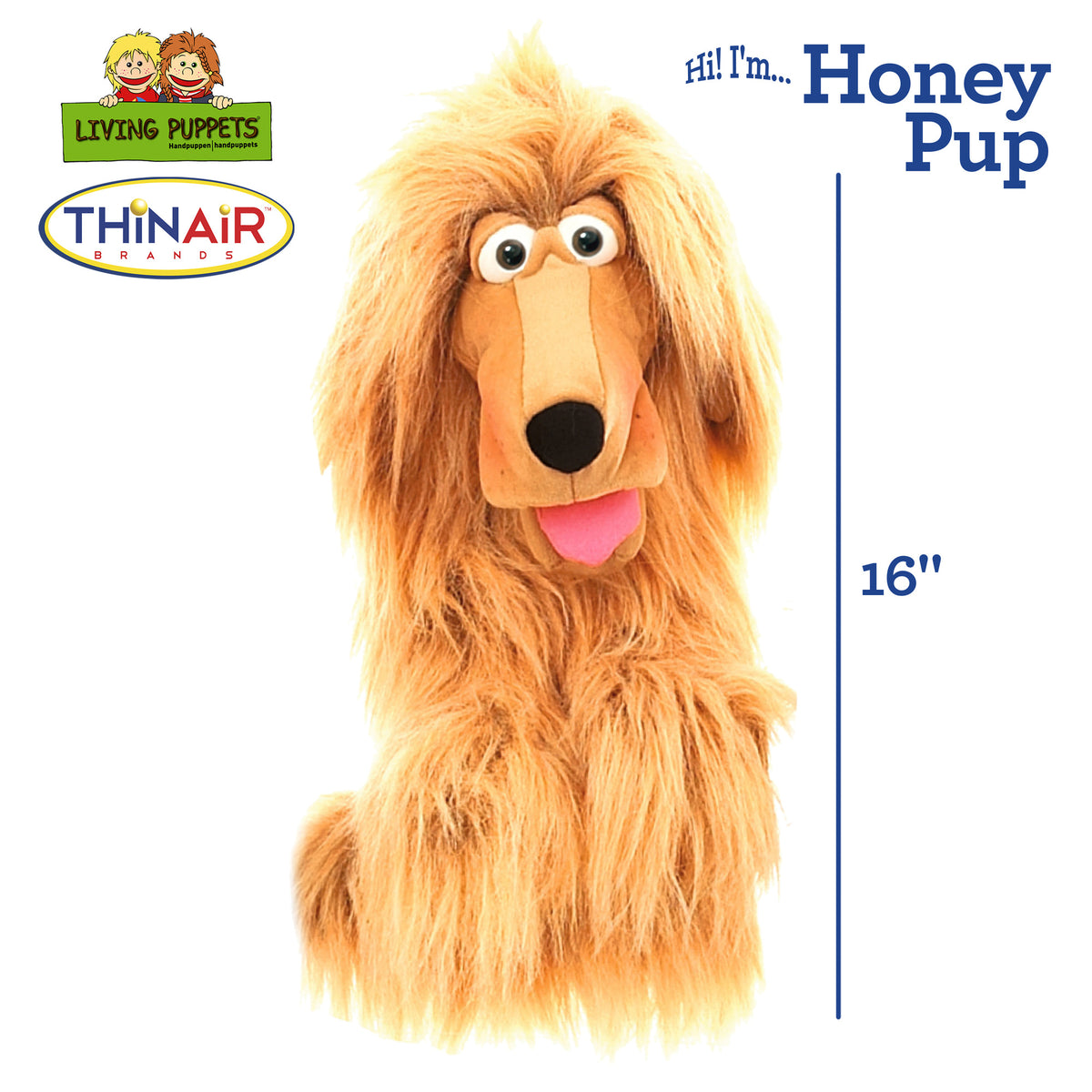 Living Puppets Honey Pup hand puppet, golden-tan fluffy dog character with long ears and pink tongue