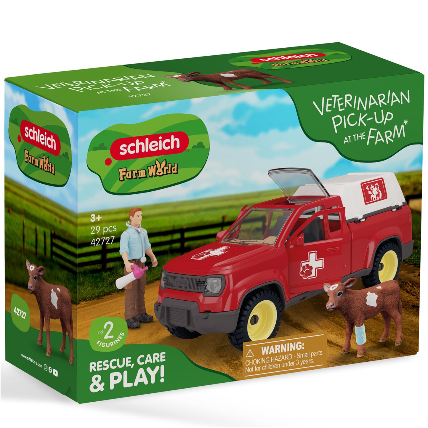 Schleich Farm World Veterinarian Pick-Up toy set with red truck, farmer figurine, and deer