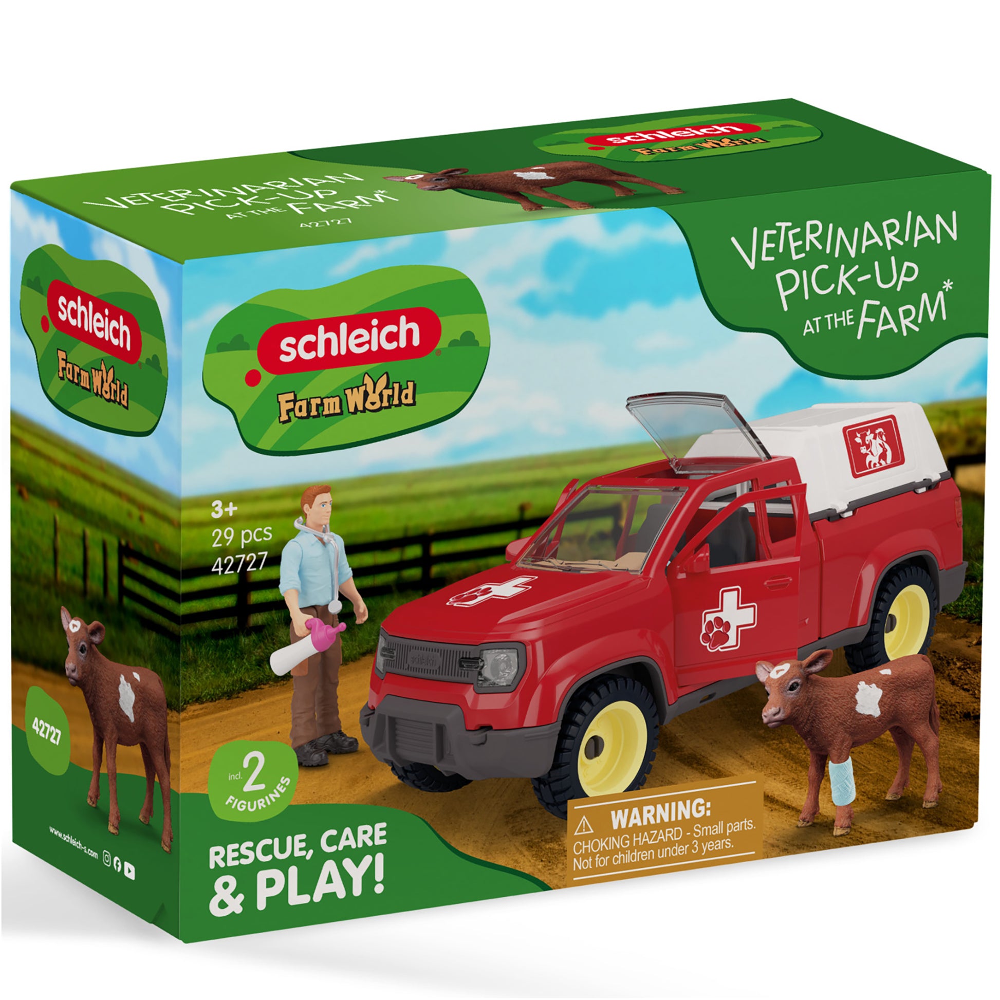 Schleich Farm World Veterinarian Pick-Up toy set with red truck, farmer figurine, and deer