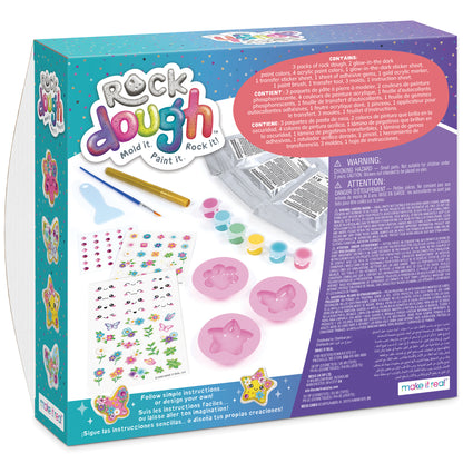 Rock Dough Glowing Garden craft kit with colorful paints, glow-in-dark stickers, pink molds, and decorative gems