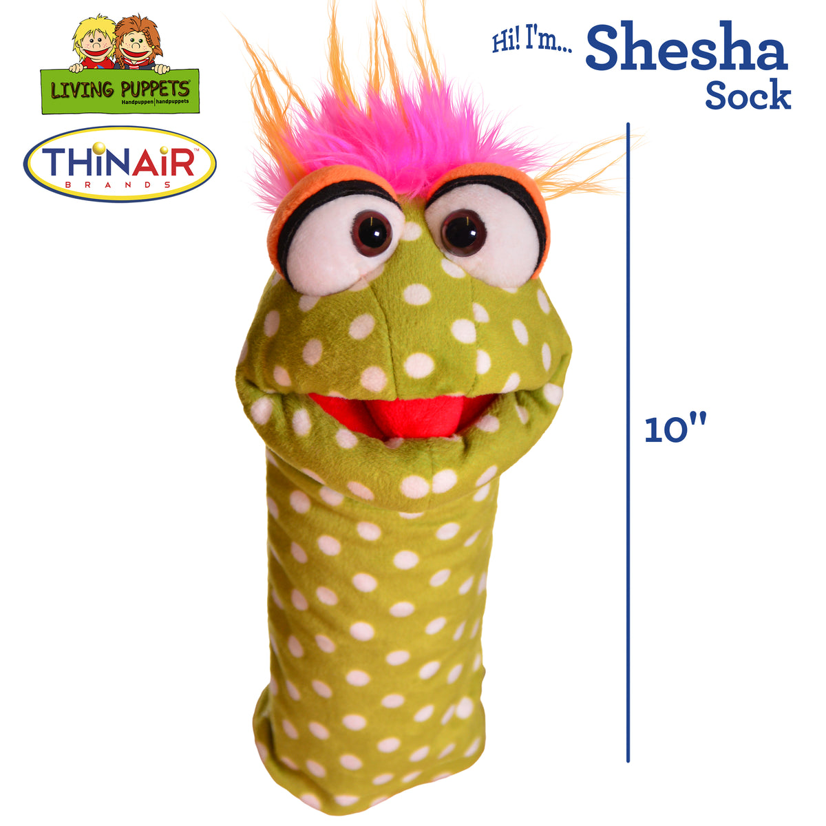 Shesha Sock hand puppet by Living Puppets, with olive green body, white polka dots, bright pink and orange sock puppet