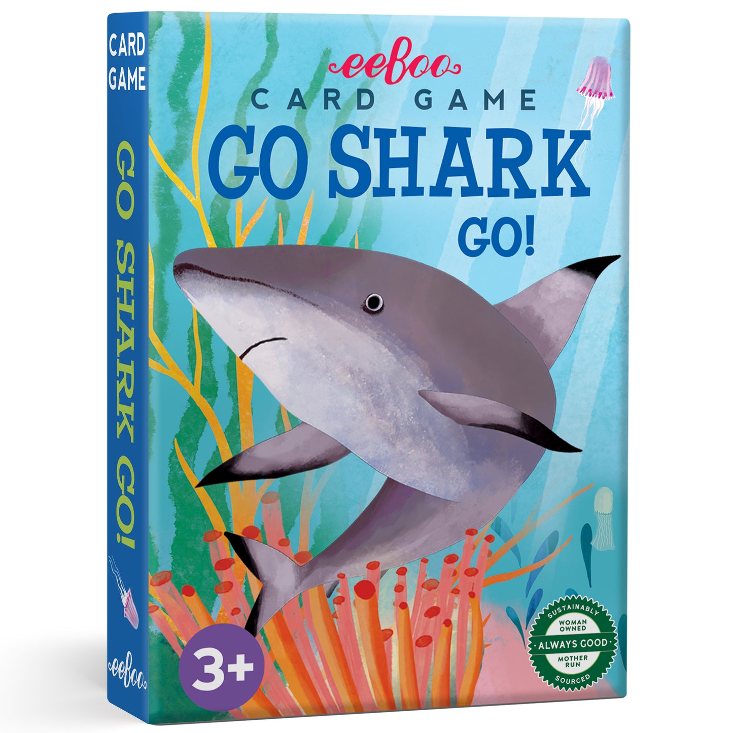 eeBoo Go Shark Go! card game box featuring illustrated shark among colorful coral and seaweed, ages 3+