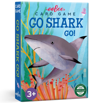 eeBoo Go Shark Go! card game box featuring illustrated shark among colorful coral and seaweed, ages 3+