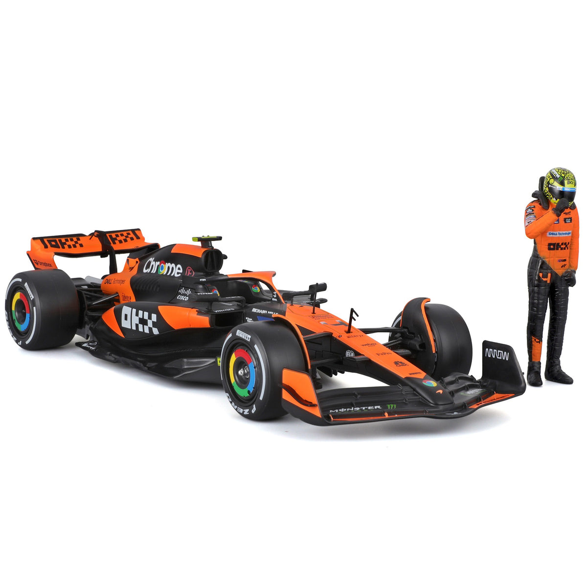 Bburago McLaren MCL38 1:24 scale die-cast race car in orange and black with Lando Norris figure