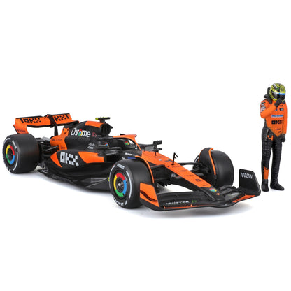 Bburago McLaren MCL38 1:24 scale die-cast race car in orange and black with Lando Norris figure