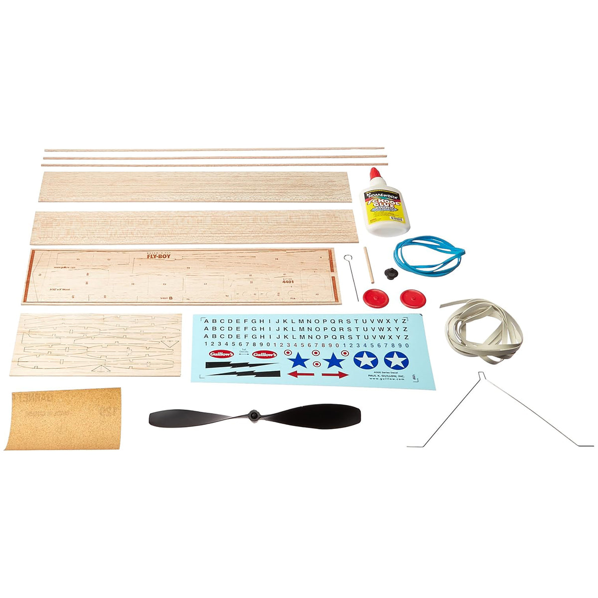 Fly Boy Build-N-Fly Model Kit with wood pieces, decals, propeller, and assembly parts