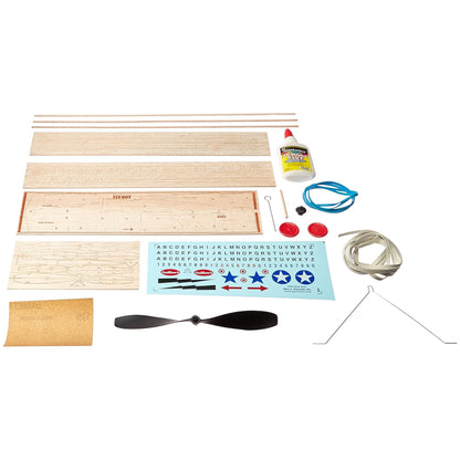 Fly Boy Build-N-Fly Model Kit with wood pieces, decals, propeller, and assembly parts