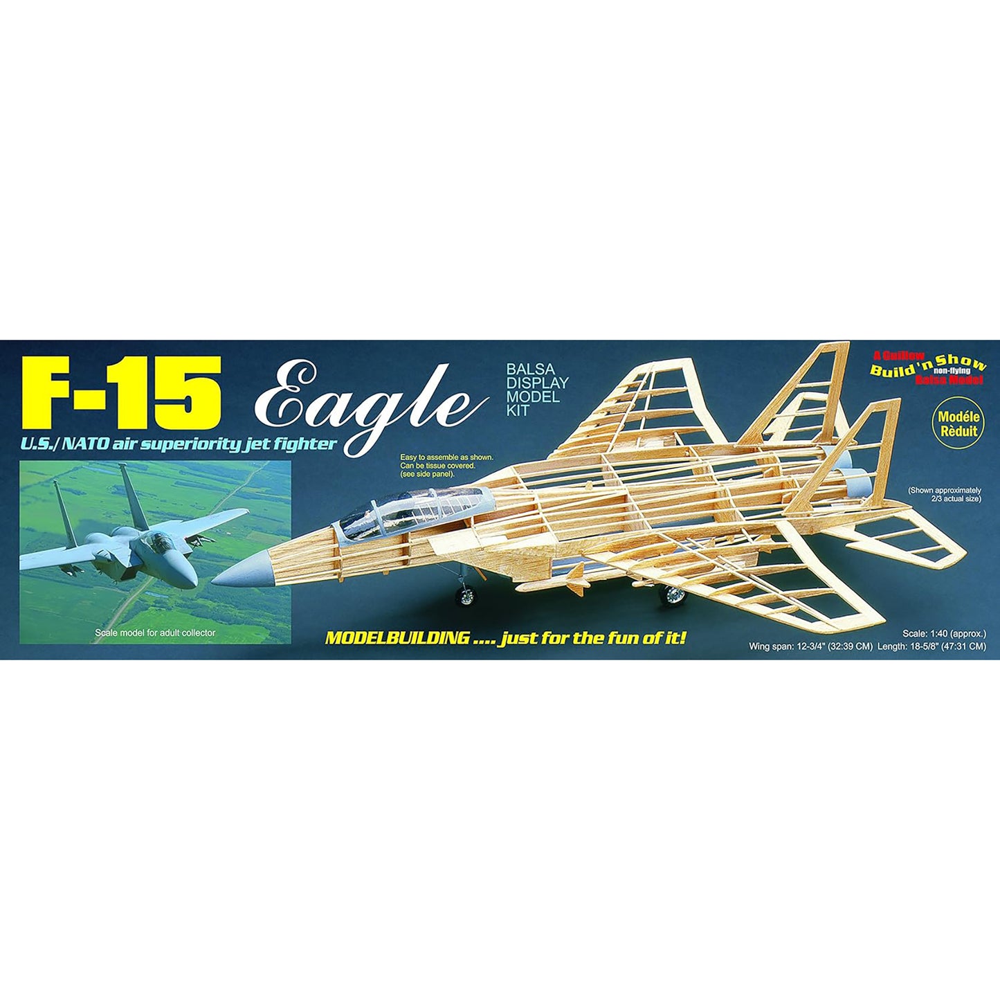 F-15 Eagle Balsa Wood Display Model Kit with assembled wooden aircraft frame shown