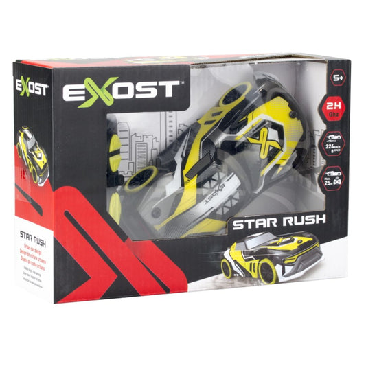 EXOST Star Rush yellow and black remote control car in packaging, showing vehicle and controller with 2H GHz and 25cm/s speed specifications