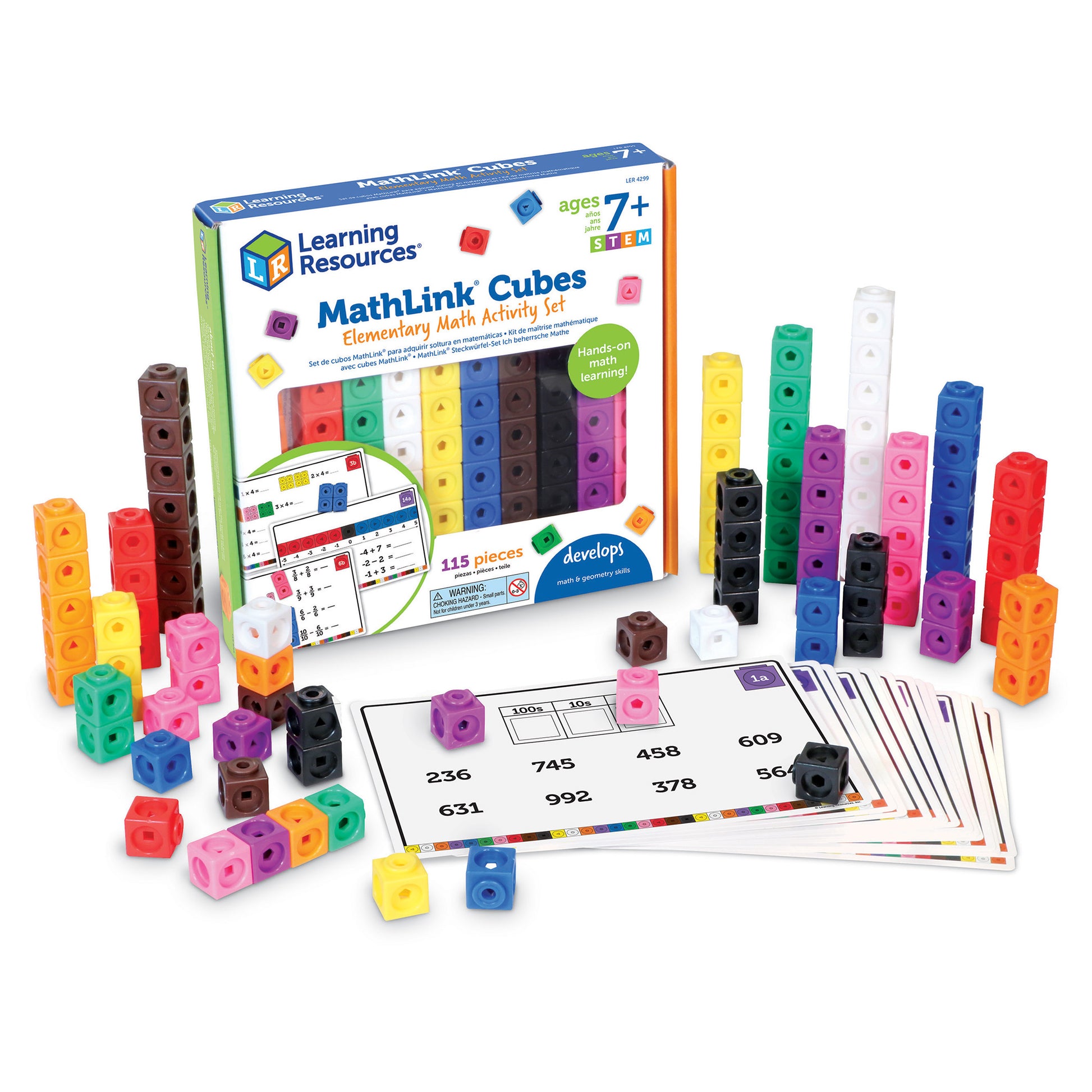 Learning Resources MathLink Cubes Elementary Math Activity Set with colorful interlocking cubes in multiple colors, activity cards, and instruction booklet