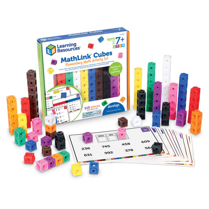 Learning Resources MathLink Cubes Elementary Math Activity Set with colorful interlocking cubes in multiple colors, activity cards, and instruction booklet