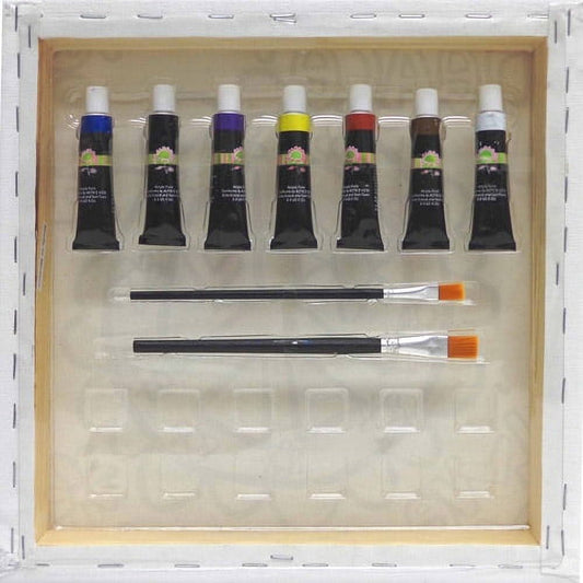 Paint set with seven tubes of acrylic paint in assorted colors and two paintbrushes with orange bristles, arranged in wooden storage box