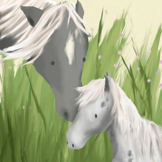 Illustrated gray horse with white mane and white foal surrounded by green grass and pink flowers