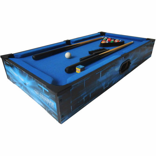 Triumph Sports Compact 27-Inch Billiard Table with blue felt surface, two wooden cues, white cue ball, colored billiard balls in rack, and black side rails on p