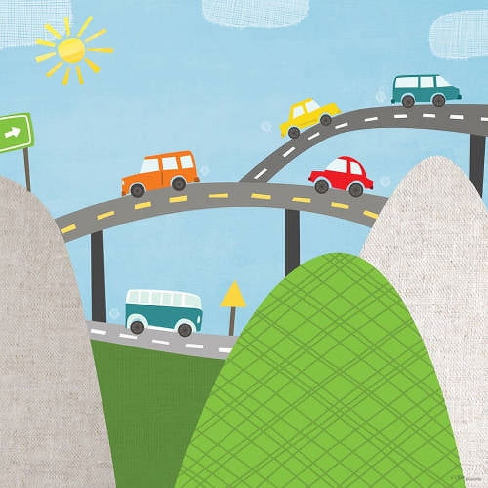 Illustrated scene of colorful cars on a curved road with an overpass, set against a blue sky with sun and clouds, green hills, and gray mountains