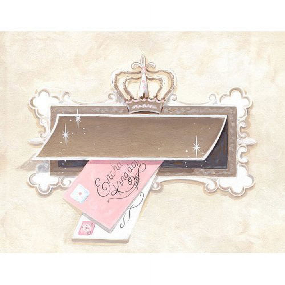 Ornate vintage-style frame with crown and decorative corners, featuring blank brown banner with sparkles and pink envelope labeled 'Enchanted Flying'
