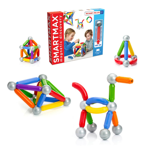 SmartMax Magnetic Discovery Start Plus building set with colorful magnetic rods and silver ball connectors in various configurations, shown with product box and