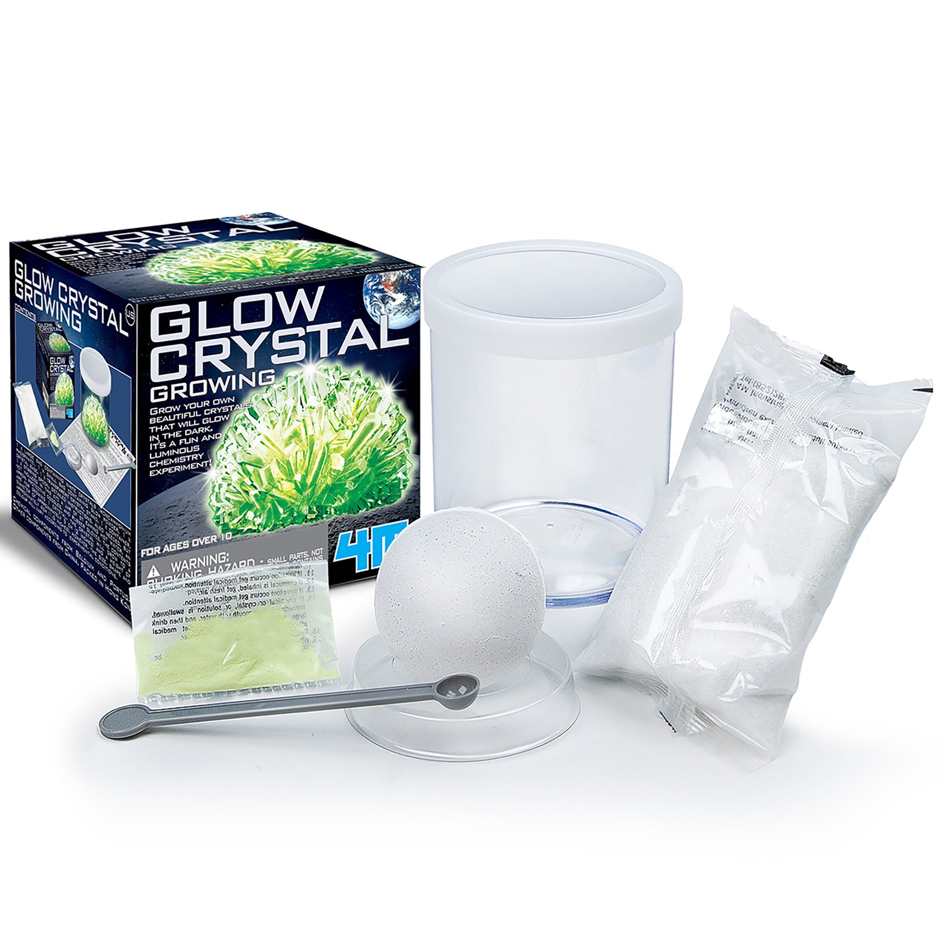 Glow Crystal Growing kit with glowing green crystals, container, and supplies