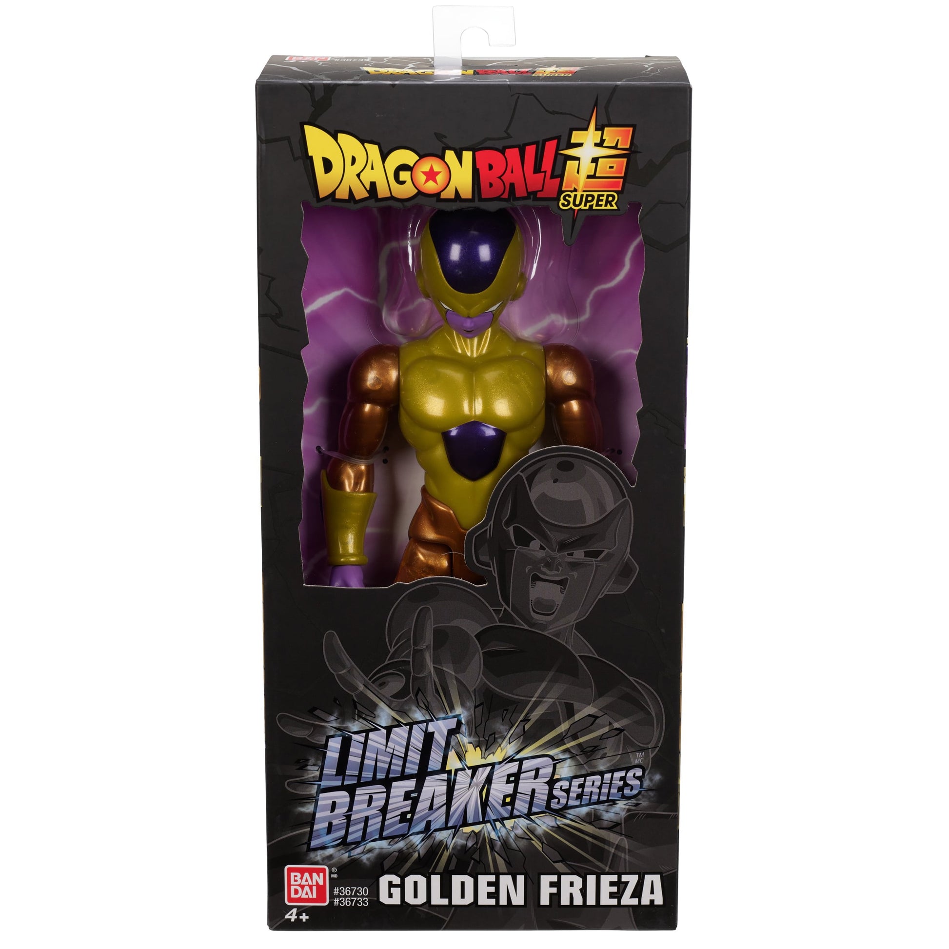 Dragon Ball Super Golden Frieza 12 inch action figure in gold and purple armor with brown shoulders, packaged in black box with Limit Breaker Series branding