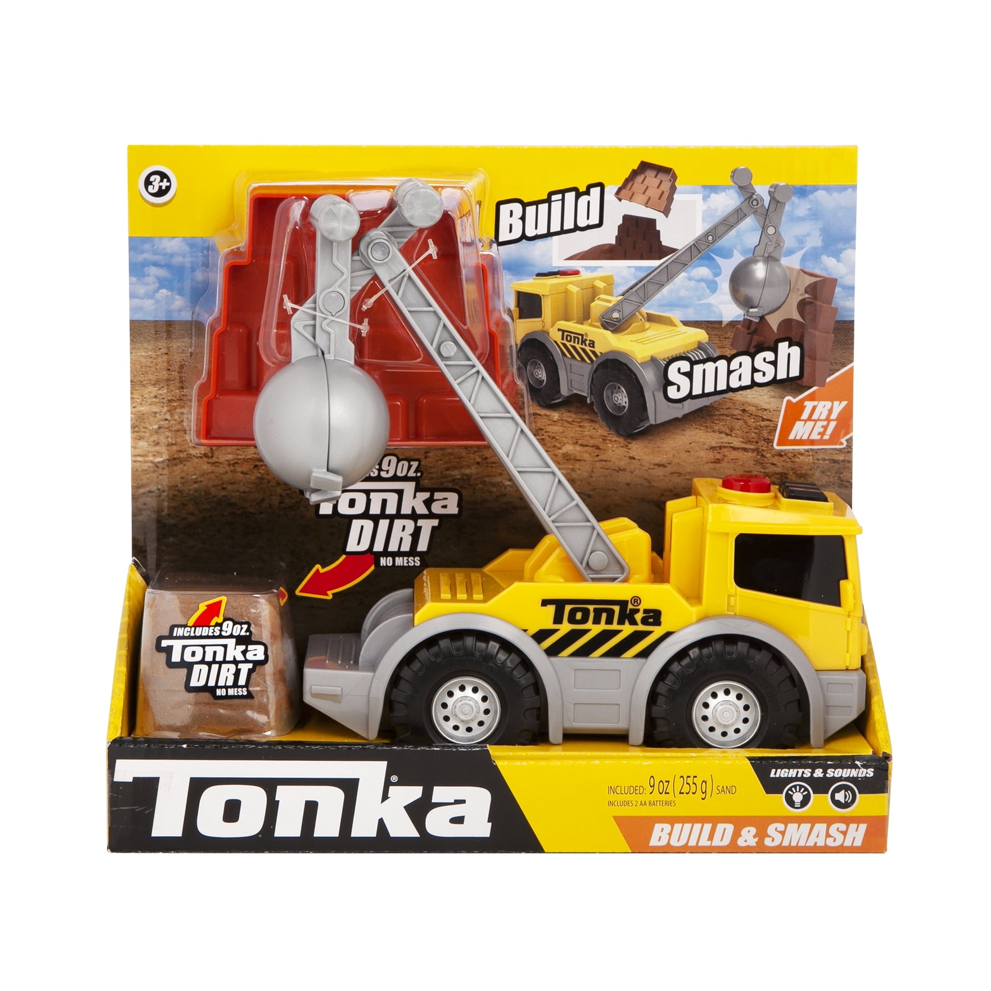 Tonka Build and Smash Crane Truck Playset with yellow construction truck, wrecking ball, crane arm, and 9 oz kinetic sand, on plain background