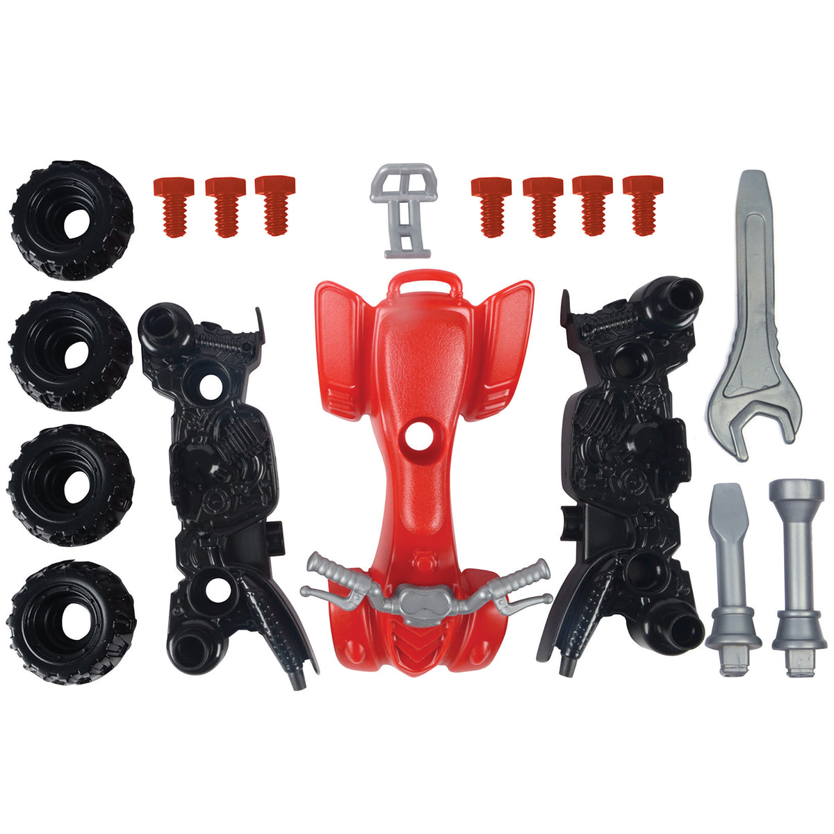 Tool Tech Take Apart ATV & Power Drill Build Set with red ATV body, black wheels, power drill with gray tools, and re...