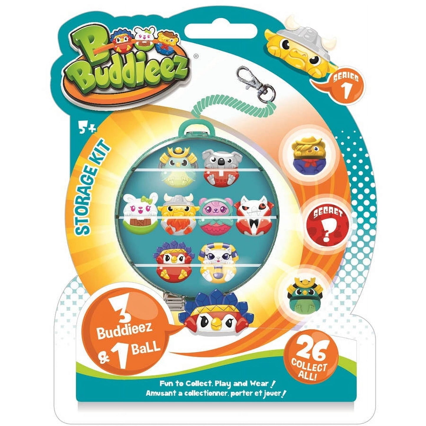 Buddieez Surprise Storage Ball Series 1 packaging showing spherical teal container with colorful character collectibles inside, includes carabiner clip and myst