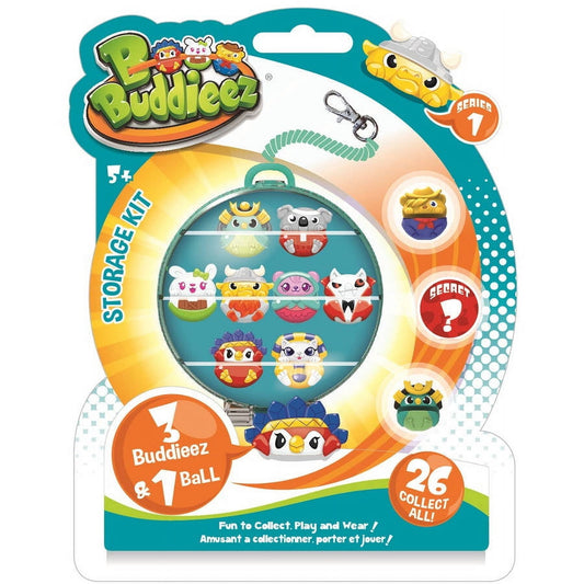 Buddieez Surprise Storage Ball Series 1 packaging showing spherical teal container with colorful character collectibles inside, includes carabiner clip and myst