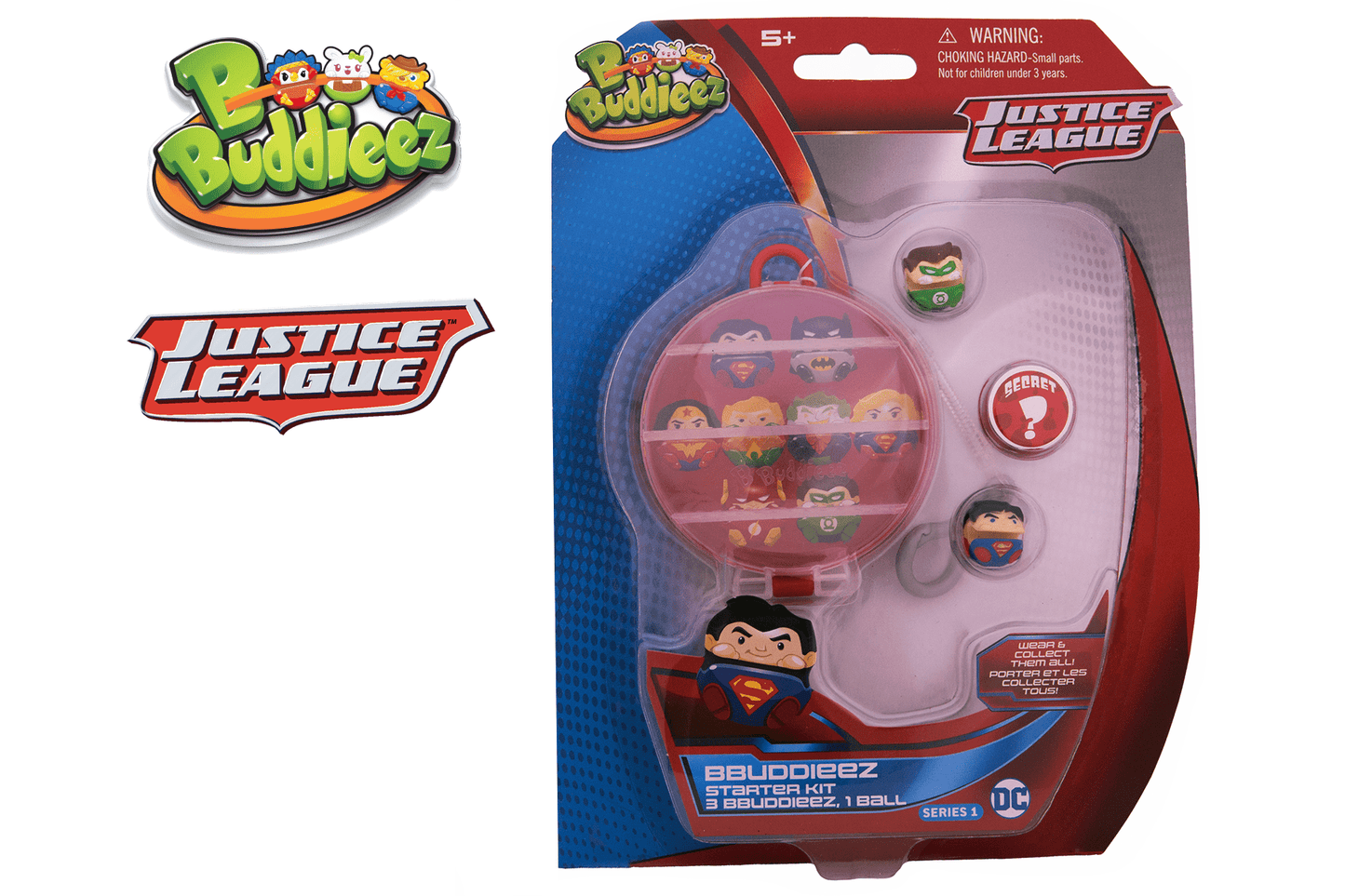 Bbuddieez DC Justice League Starter Kit packaging with collectible ball and 3 character figures including Superman, displayed on plain background