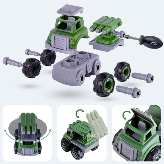 Military toy vehicle set with green and purple modular pieces including truck, launcher, wheels, and weapon accessories displayed fully assembled and in compone