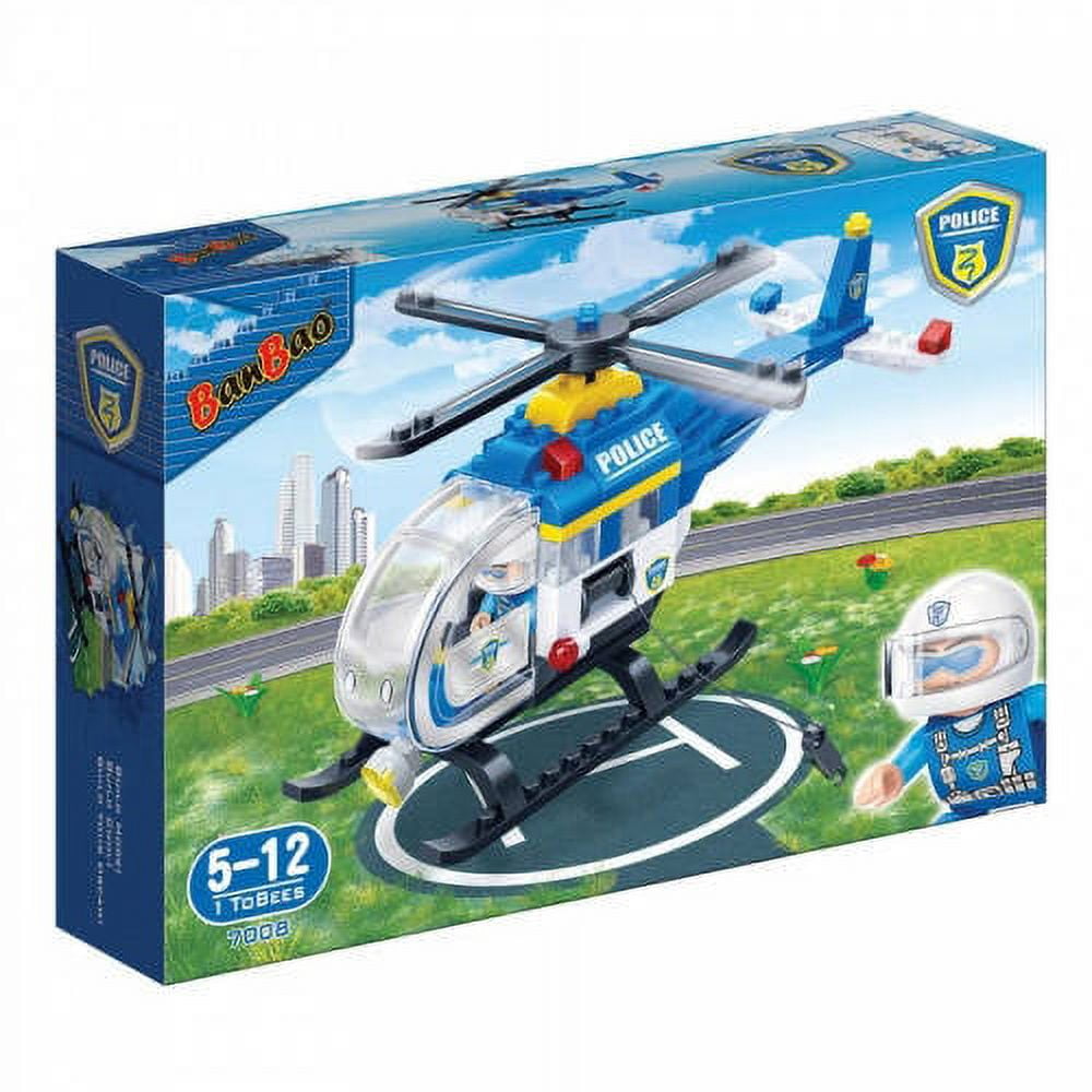 BanBao Police Chopper building set with white and blue helicopter, landing pad, minifigure, and colorful blocks on display