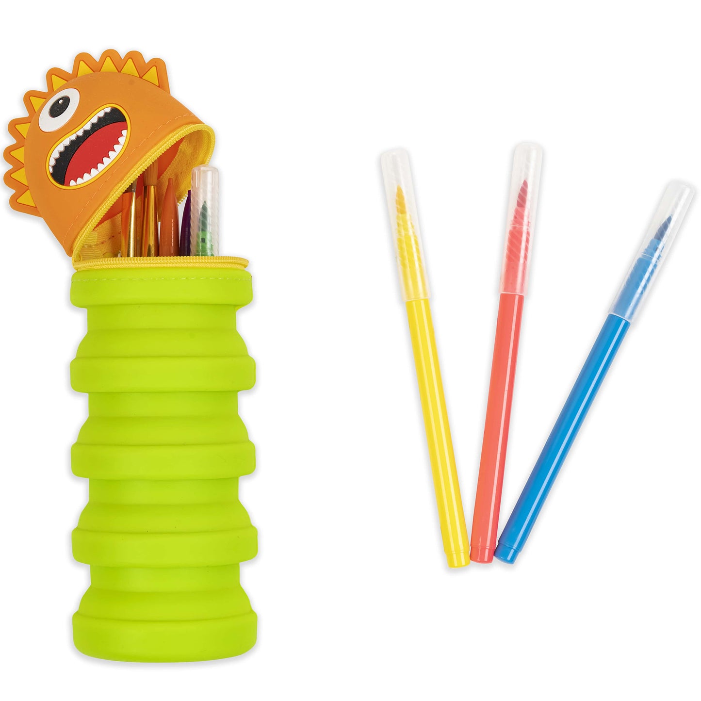 Monster Retractable Silicone Pencil Case with yellow, red, and blue markers
