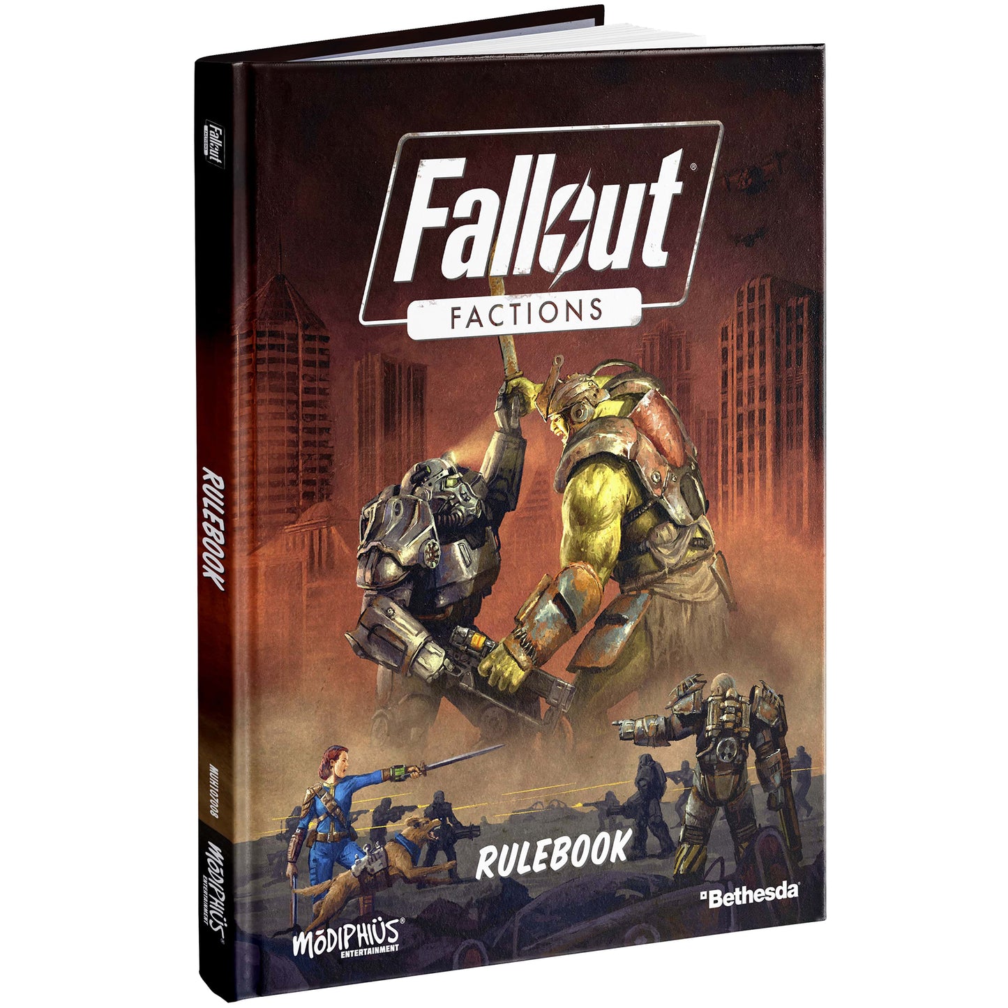 Fallout Factions Core Rulebook with brown cover featuring power armor characters and post-apocalyptic cityscape