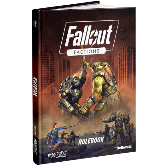 Fallout Factions Core Rulebook with brown cover featuring power armor characters and post-apocalyptic cityscape