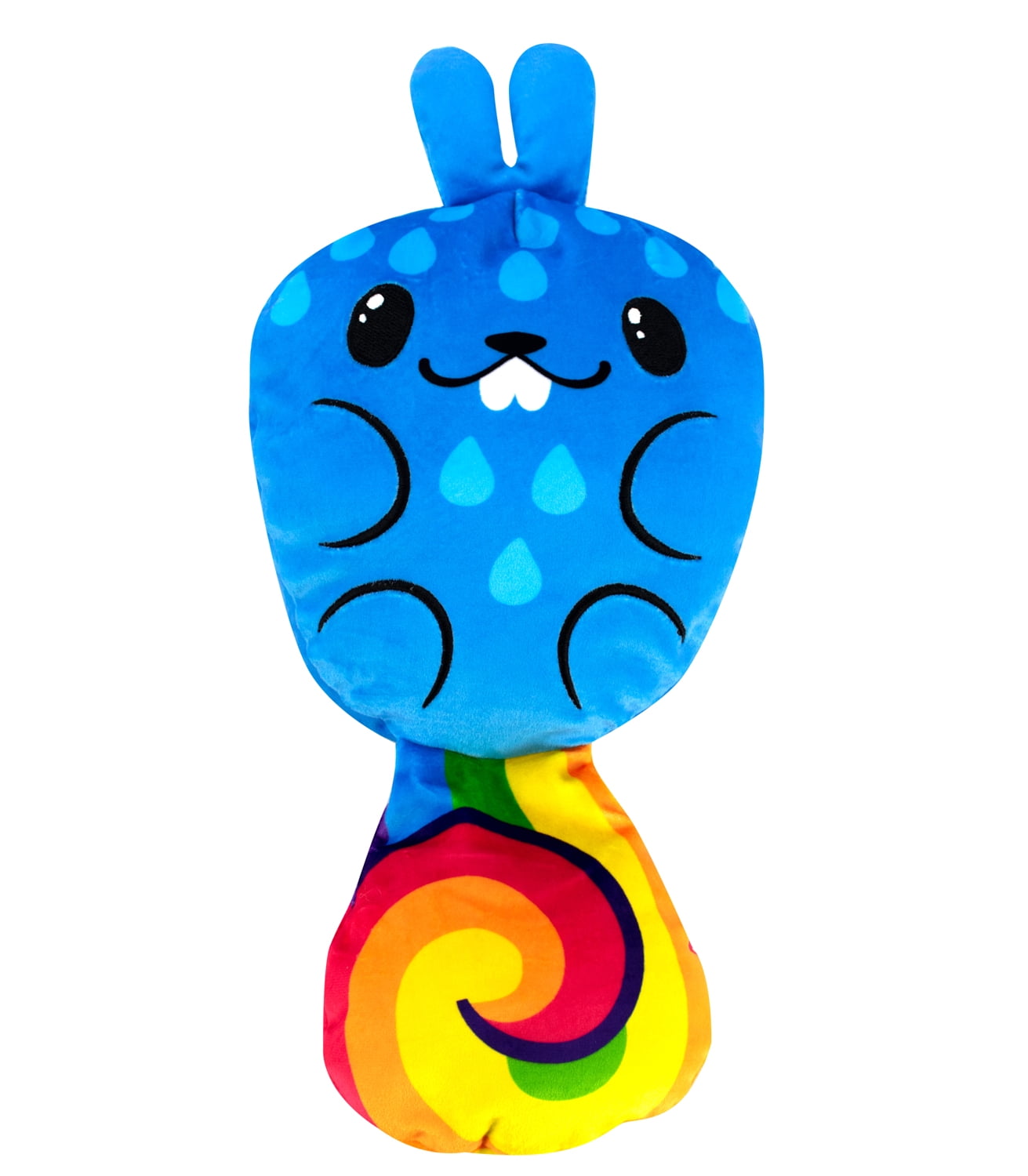 Blue plush squirrel with rabbit ears, black eyes and smile, light blue spot details, rainbow spiral tail