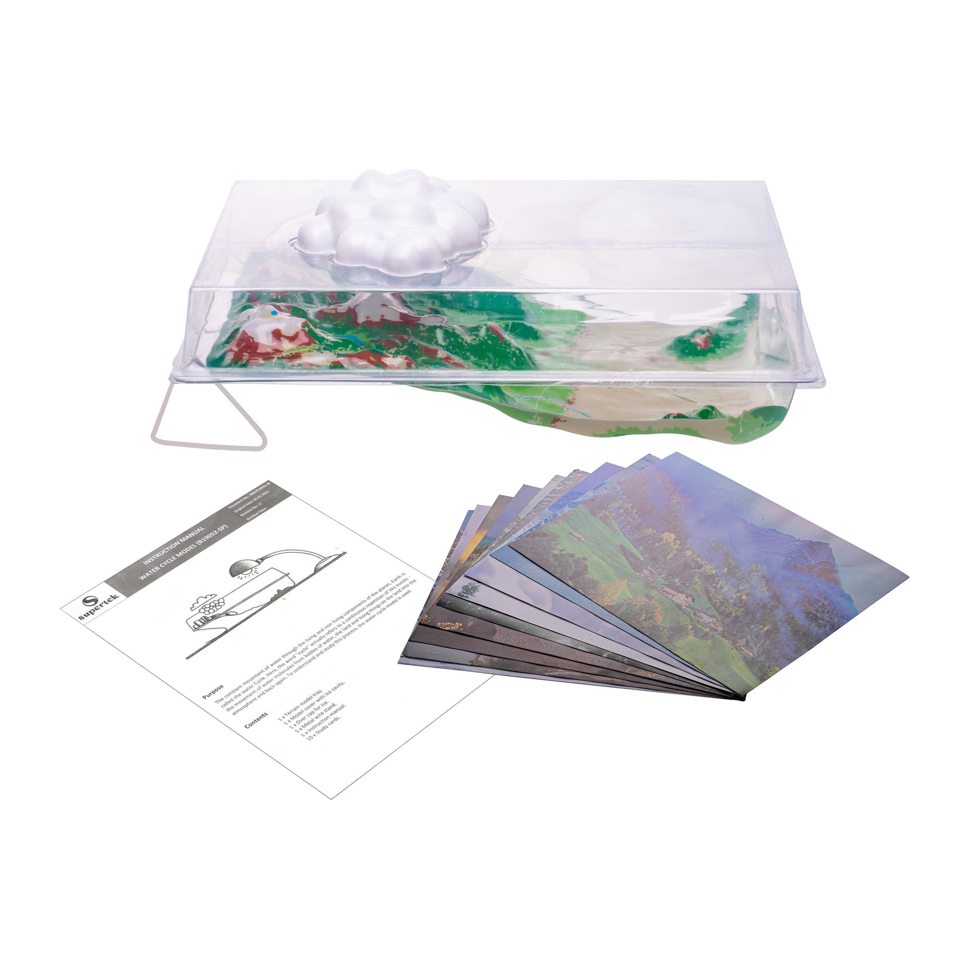 Water cycle demonstration kit contents including clear plastic chamber with cloud feature, landscape scene cards, and instruction manual