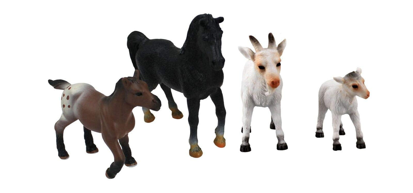 Four plastic animal figurines on white background: brown horse with spots, black horse, black rooster, and two white goats with horns