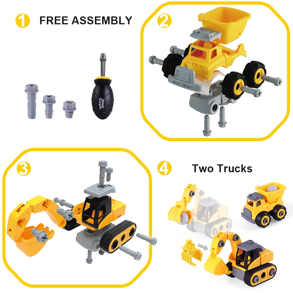 Iplay, Ilearn Construction Series 1 Diecast Truck Set assembly instructions showing free assembly parts, dump truck with bucket attachment, excavator with artic