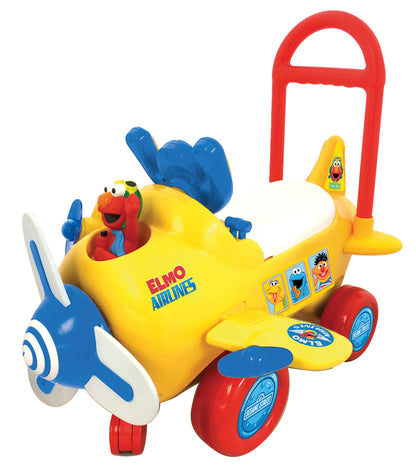 Yellow Sesame Street Elmo's Plane ride-on toy with red wheels, blue propeller and wings, red handle, and character graphics on plain background