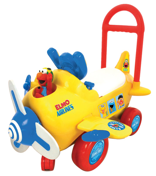 Yellow Sesame Street Elmo's Plane ride-on toy with red wheels, blue propeller and wings, red handle, and character graphics on plain background