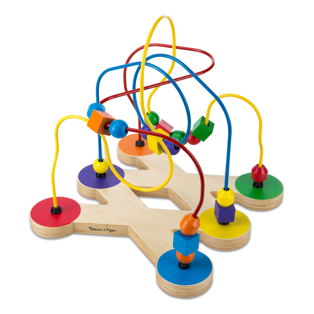 Wooden bead maze with colorful beads and wires on natural wood base, featuring red, blue, yellow, and green components