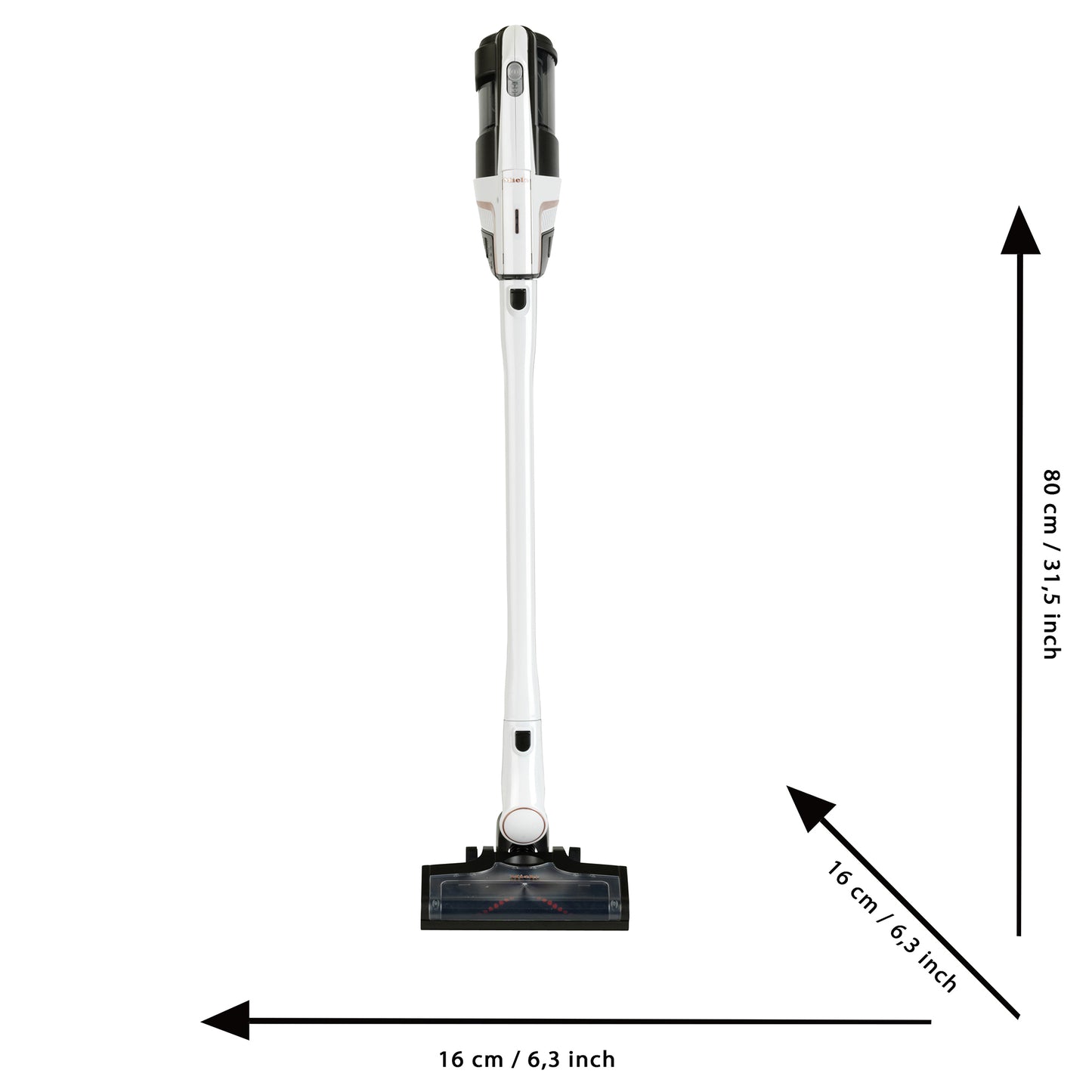 Miele Triflex HX2 Pro white toy vacuum cleaner with measurements shown