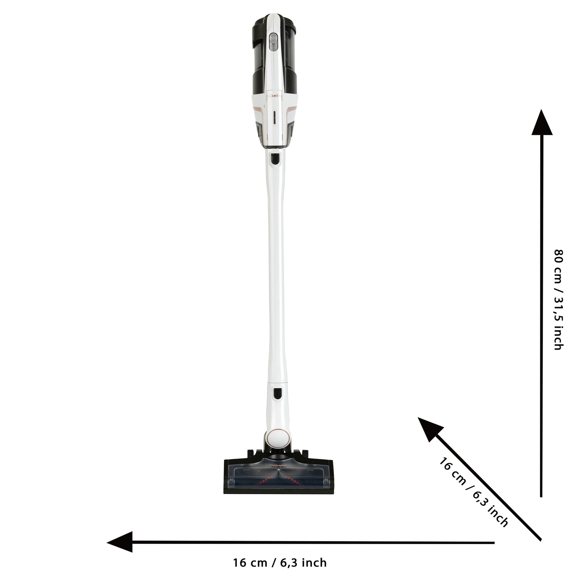 Miele Triflex HX2 Pro white toy vacuum cleaner with measurements shown