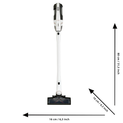 Miele Triflex HX2 Pro white toy vacuum cleaner with measurements shown