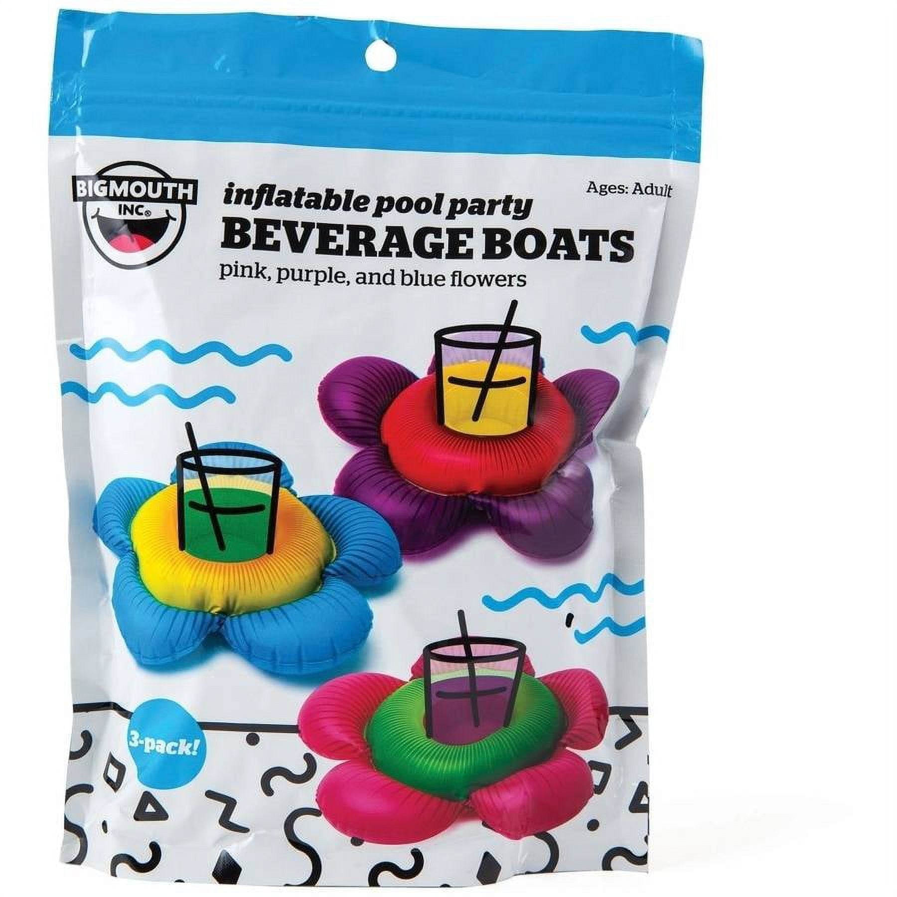 Three colorful inflatable flower-shaped beverage boats with drink holders in the center, featuring pink, purple, blue, and green petals, 3-pack
