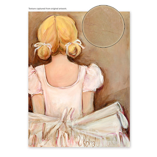 Painting of a child from behind with blonde hair in buns, wearing a pink dress and tutu, viewed from back. Canvas wall art with texture detail shown in circular
