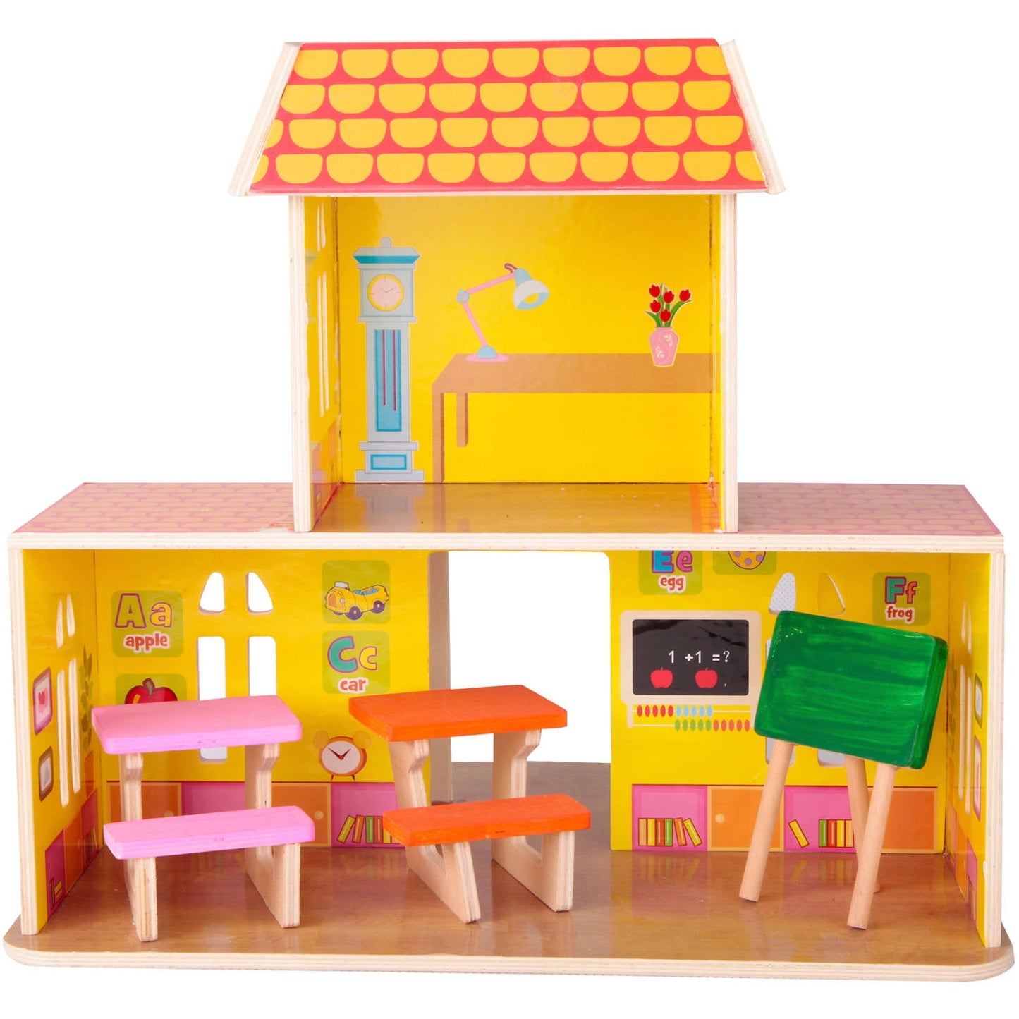 Yellow and pink wooden school building playset with red tile roof, featuring two classrooms with furniture, chalkboard, desk, benches, and educational accessori