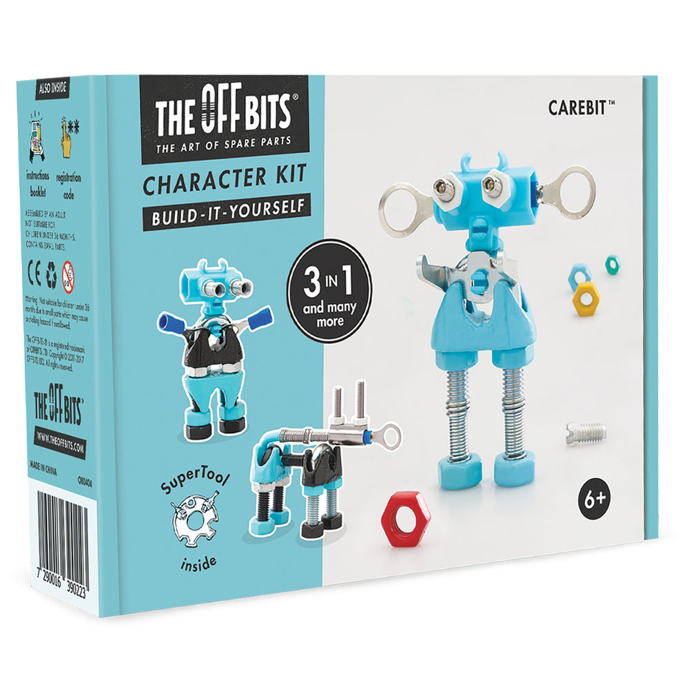 The Off Bits CareBit build-it-yourself character kit with blue robot body, articulated silver limbs, interchangeable parts, and hardware pieces shown on packagi