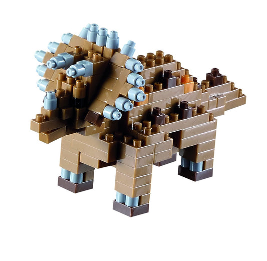 Brixies building block set assembled into a brown and tan triceratops dinosaur figure with blue accents on a plain white background