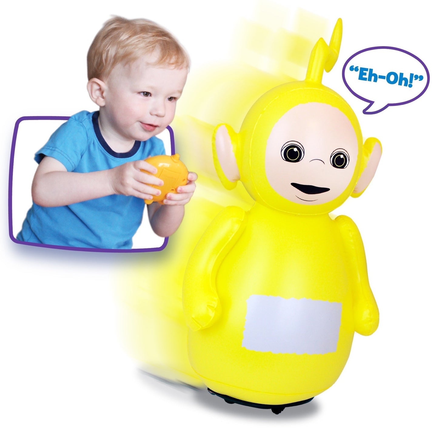 Bright yellow Teletubbies Laa Laa RC inflatable toy with antenna, glowing effect, and speech bubble saying 'Eh-Oh!' modeled by a child in blue shirt holding rem