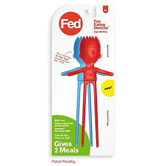 Fed Sporkman red and blue hybrid utensil toy on packaging, designed as figure-shaped eating device for preschoolers